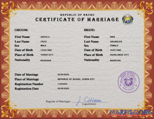 Downloadable Nauru marriage certificate PSD template